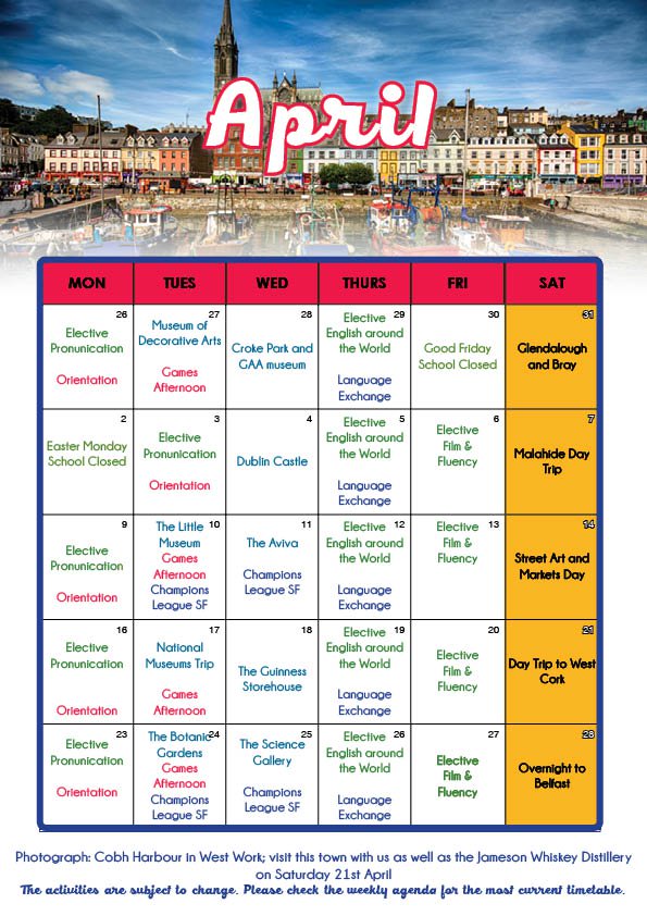 Social Programme Calendar April 2018