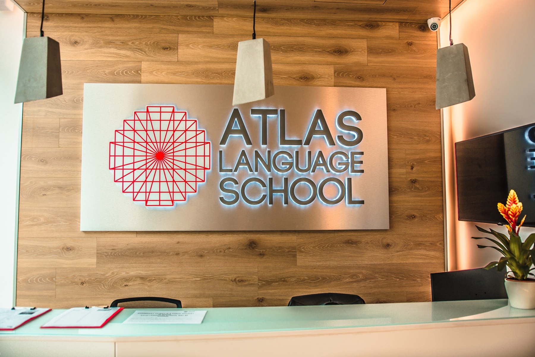Logo sing at reception at Atlas Language School Malta
