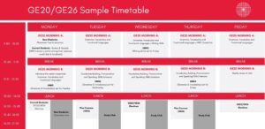 GE20/GE26 Sample Timetable: Visual representation of a timetable displaying course schedules and timings.