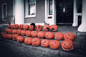 Beautifully carved pumpkins by our students displayed in front of Atlas Language School.