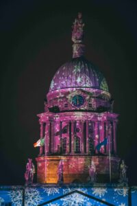 Lights illuminated on buildings in Dublin at Christmas