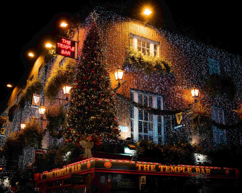 Dublin Christmas on a budget.Temple Bar at Christmas. Christmas decorations. Dublin pub.