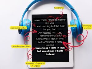 Tablet with blue headphones displaying song lyrics. The lyrics are annotated with grammar points such as future tense, past tense, expressing wishes, describing emotions, and contrast in English.
