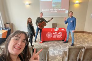 Atlas Language School team posing before the Erasmus+ event in Wroclaw, with staff members Marine Onno, Ciarán Lynch, Paul Finnerty, and Agnieszka Tarnowska preparing to welcome attendees with Irish culture and educational insights.