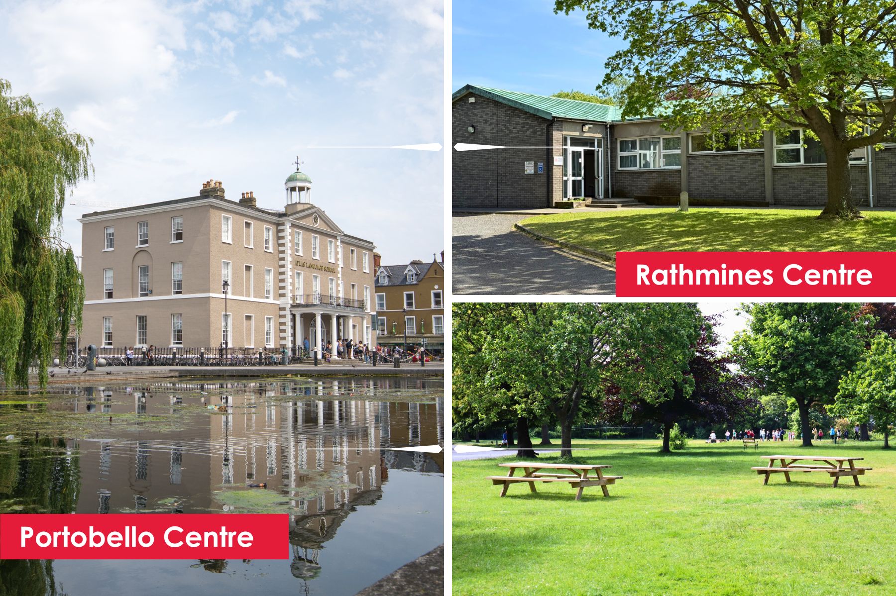 Collage showing two Atlas Language School locations in Dublin: the historic Portobello Centre by the canal and the green, spacious Rathmines Centre with serene outdoor areas.