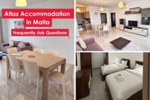 Modern student accommodation in Malta offered by Atlas – includes images of a spacious living and dining area, a fully equipped kitchen, and a twin bedroom with clean linens. Red banner text reads: “Atlas Accommodation in Malta – Frequently Ask Questions.”