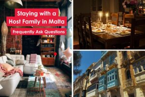 Staying with a host family in Malta – cozy living room, dinner table with candles, and traditional Maltese balconies.