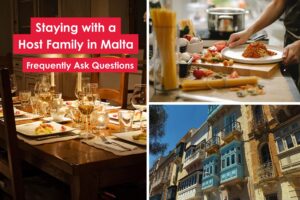 Staying with a host family in Malta – cooking pasta, dinner table with candles, and traditional Maltese balconies.
