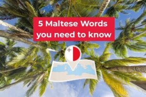 Red banner with the text “5 Maltese words you need to know” over a world map highlighting Malta with the Maltese flag, set against a sky and palm trees background.