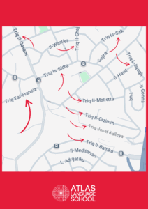 Map highlighting several street names beginning with “Triq”, the Maltese word for “street”, using red arrows. The Atlas Language School logo appears at the bottom of the image.