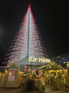 Christmas market in Liverpool with a decorated Christmas tree.