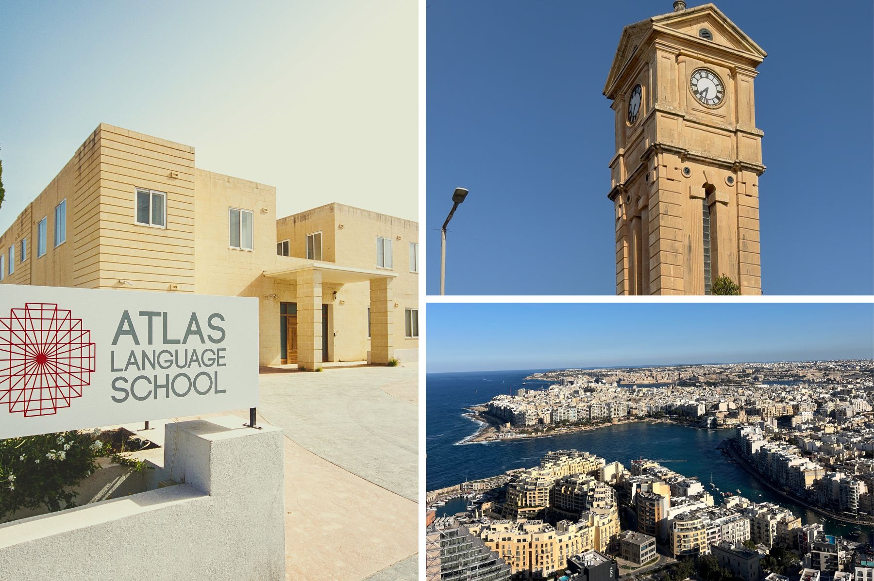 Atlas Language School Malta campus with palm trees and panoramic view of the surrounding area